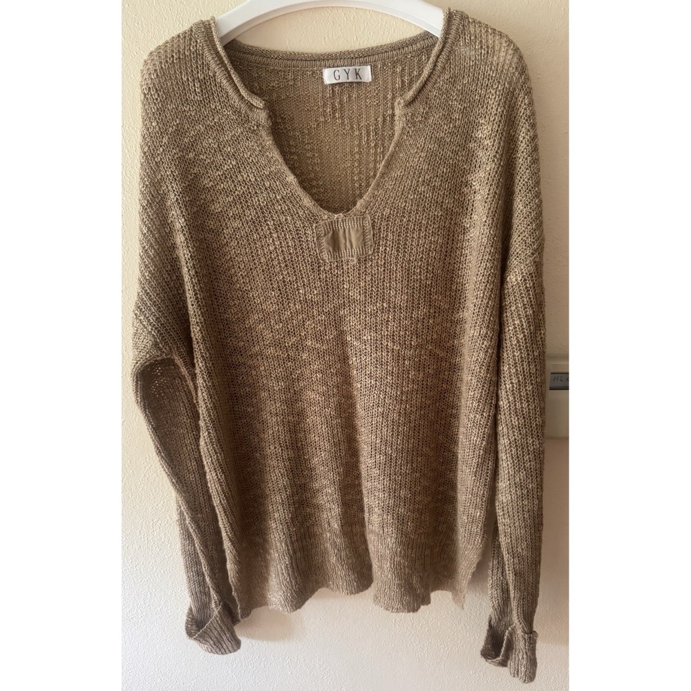 GYK Women's Knit V-Neck Pullover Sweater Solid Beige Long Sleeve Size XL
